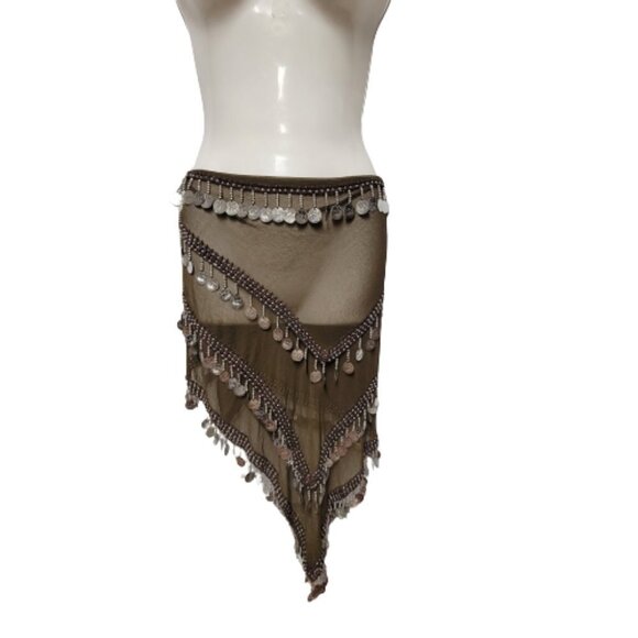 Accessories - Brown Bellydance Hip Scarf 4 Rows of Coin Tassels Long and Wide Wrap Scarf